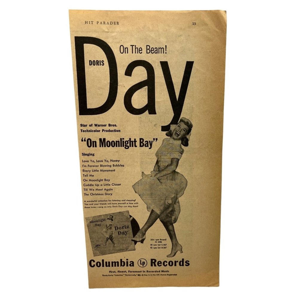 Columbia Records Vintage Print Ad 1951 Doris Day On Moonlight Bay Music